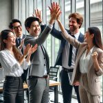 _A team of sales executives celebrating a successful deal in a corporate office. High-fives, happy expressions, professional attire, office setting wit (1)